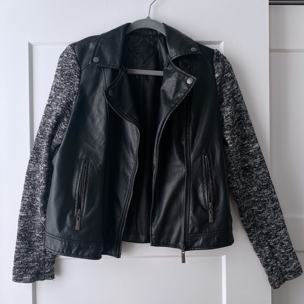 Faux leather/sweater moto jacket